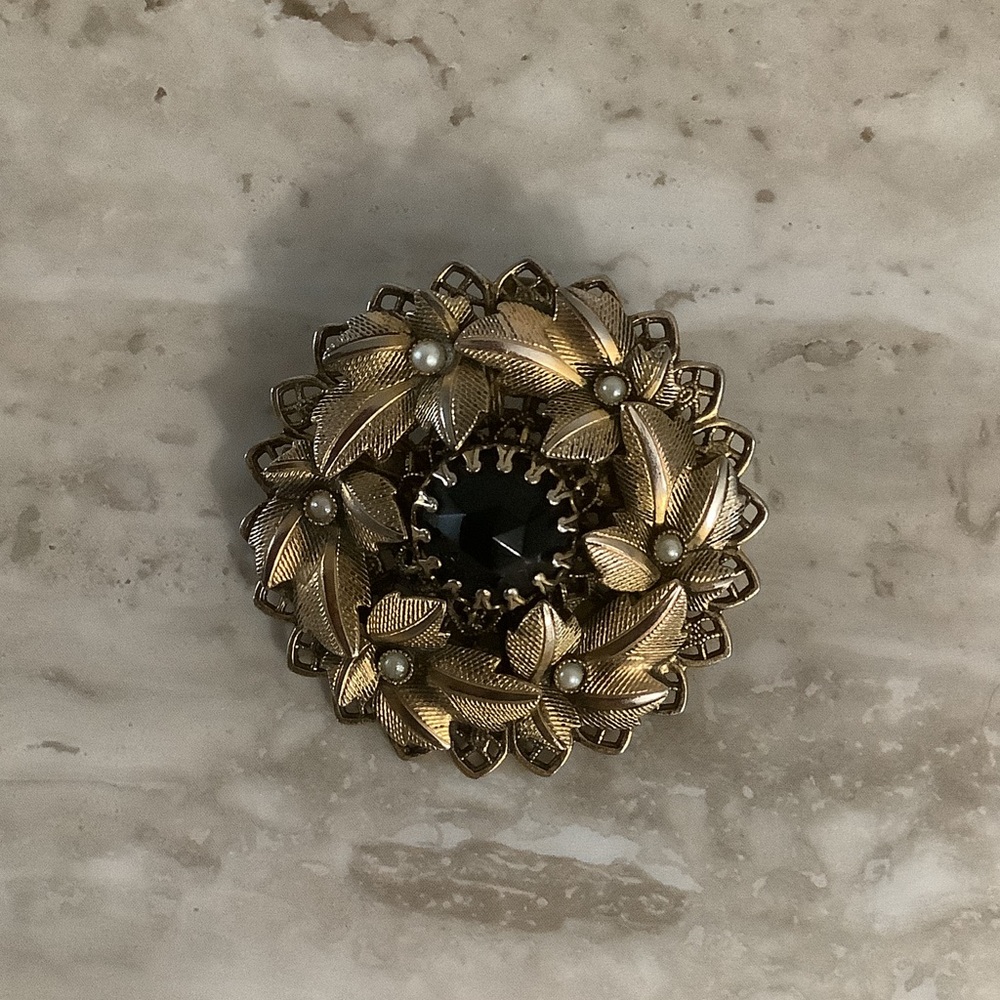 Vintage Gold and Black Floral Brooch
